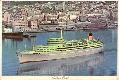  card of Southern Cross leaving her berth at Wellington NZ circa 1956