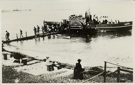 Double-ended paddle steamer Kate at Penarth beach, using a precarious-looking portable jetty