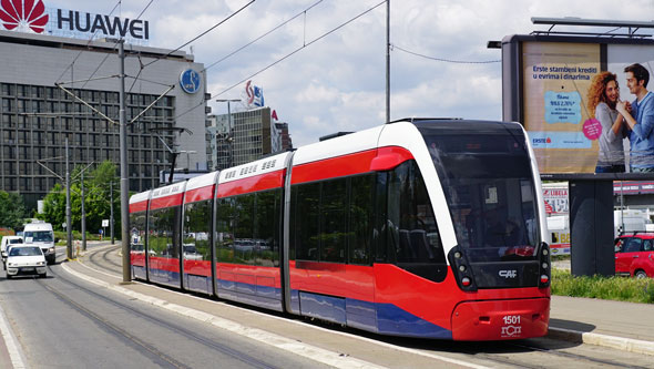 BelgradeCAF Urbos 3 Tram - www.spimplonpc.co.uk - Photo: ©Ian Boyle 17th May 2016