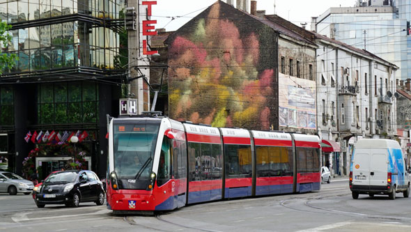 BelgradeCAF Urbos 3 Tram - www.spimplonpc.co.uk - Photo: ©Ian Boyle 17th May 2016