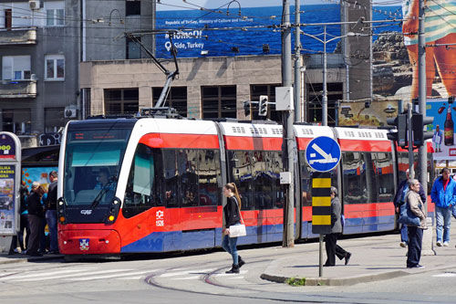 BelgradeCAF Urbos 3 Tram - www.spimplonpc.co.uk - Photo: ©Ian Boyle 17th May 2016